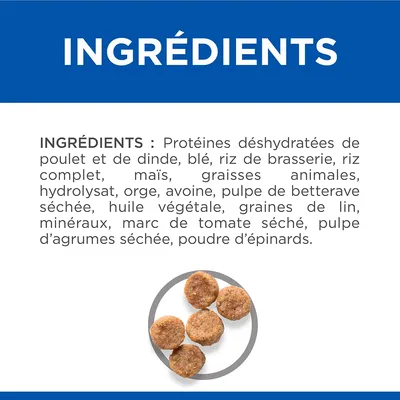 INGRÉDIENTS : Protéines déshydratées de poulet et de dinde, blé, riz de brasserie, riz complet, maïs, graisses animales, hydrolysat, orge, avoine, pulpe de betterave séchée, huile végétale, graines de lin, minéraux, marc de tomate séché, pulpe d’agrumes séchée, poudre d’épinards.