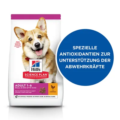 Hill's Science Plan Adult 1-6 Small & Mini bis 10 kg mit Huhn. Spezielle Antioxidantien zur Unterstützung der Abwehrkräfte.