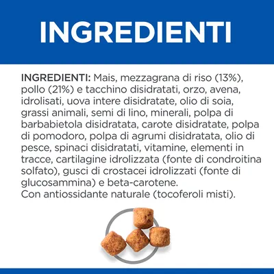 Ingredienti: mais, mezzagrana di riso (13%), pollo (21%) e tacchino disidratati, orzo, avena, idrolisati, uova intere disidratate, olio di soia, grassi animali, semi di lino, minerali, polpa di barbabietola, carote, pomodoro, agrumi, olio di pesce, spinaci, vitamine, cartilagine idrolizzata, gusci di crostacei, beta-carotene, antiossidante naturale (tocopheroli misti).