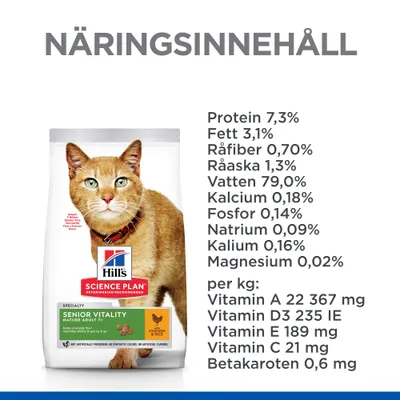 Näringsinnehåll för Hill's Science Plan Senior Vitality kattmat: protein 7,3 %, fett 3,1 %, råfiber 0,70 %, vatten 79 %, kalcium 0,18 %, vitaminer A, D3, E, C och betakaroten.
