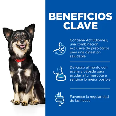 Beneficios clave: contiene ActivBiome+, combinación exclusiva de prebióticos para digestión saludable, alimento con avena y cebada, favorece la regularidad de las heces.