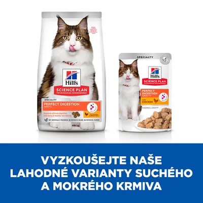 Hill's Science Plan Perfect Digestion pro dospělé kočky, suché a mokré krmivo s kuřetem. Text: Vyzkoušejte naše lahodné varianty suchého a mokrého krmiva.
