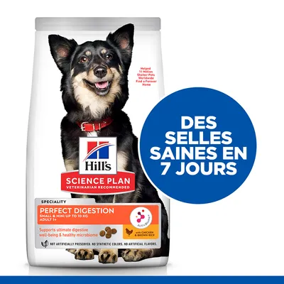 Hill's Science Plan Perfect Digestion Small & Mini up to 10 kg Adult 1+ avec poulet et riz brun, texte : Des selles saines en 7 jours. Supports ultimate digestive well-being & healthy microbiome.