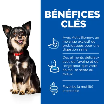 BÉNÉFICES CLÉS : ActivBiome+, mélange exclusif de probiotiques pour une digestion saine, aliments avec avoine et orge, favorise la motilité intestinale. Texte en français (fr_BE).