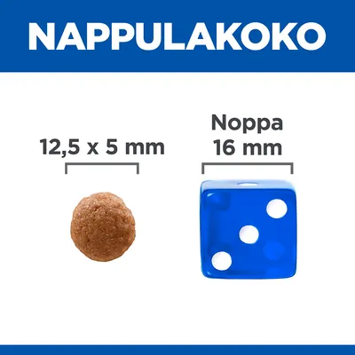 Nappulakoko: pyöreä nappula 12,5 x 5 mm ja sininen noppa 16 mm. Koot esitetty rinnakkain vertailua varten.