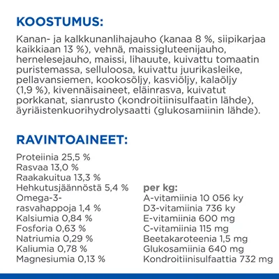 Koostumus: kanan- ja kalkkunanlihajauho, vehnä, maissigluteenijauho, herne, maissi, liha, tomaatti, juurikas, pellava, kookosöljy, kalaöljy ym. Ravintoaineet: proteiinia 25,5 %, rasvaa 13 % jne.