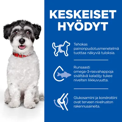 Keskeiset hyödyt: tehokas painonpudotusmenetelmä, omega-3-rasvahappoja sisältävä kalaöljy tukee nivelten liikkuvuutta, glukosamiini ja kondroitiini ovat nivelruston rakennusaineita.