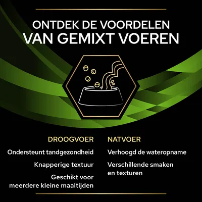 Ontdek de voordelen van gemixt voeren. Droogvoer: ondersteunt tandgezondheid, knapperige textuur, geschikt voor meerdere kleine maaltijden. Natvoer: verhoogd de wateropname, verschillende smaken en texturen.