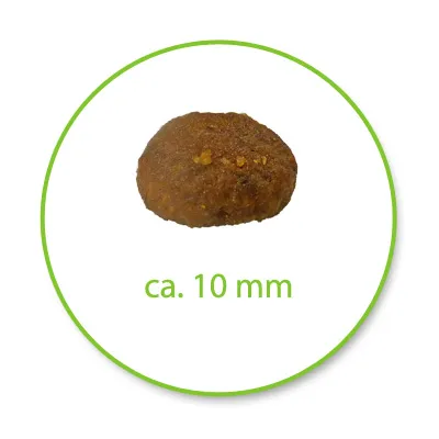 Едно зърно суха храна с приблизителен размер 10 мм, показано в кръг с надпис „ca. 10 mm“ под него.