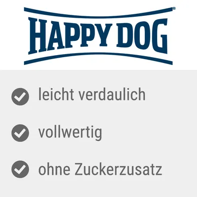 Happy Dog. leicht verdaulich, vollwertig, ohne Zuckerzusatz (texto en alemán).