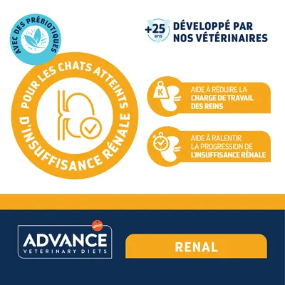 Advance Veterinary Diets Renal. Avec des prébiotiques. Pour les chats souffrant d'insuffisance rénale. Développé par des vétérinaires. Soutient la fonction rénale et ralentit la progression de la maladie. Advance Veterinary Diets Renal. Avec des prébiotiques. Pour les chats souffrant d'insuffisance rénale. Développé par des vétérinaires. Soutient la fonction rénale et ralentit la progression de la maladie.