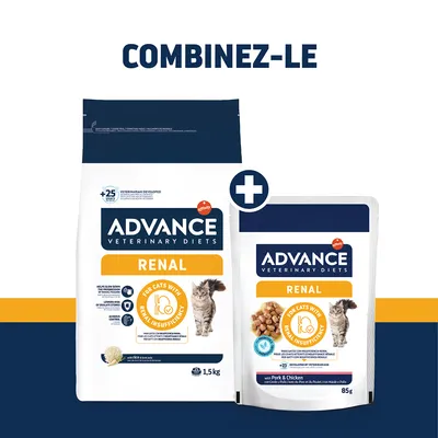 ADVANCE Veterinary Diets RENAL croquettes 1,5 kg et aliment humide 85 g pour chats souffrant d'insuffisance rénale, suggestion de combinaison. ADVANCE Veterinary Diets RENAL croquettes 1,5 kg et aliment humide 85 g pour chats souffrant d'insuffisance rénale, suggestion de combinaison.