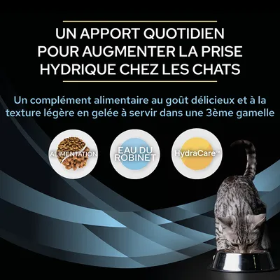 Un apport quotidien pour augmenter la prise hydrique chez les chats. Complément alimentaire en gelée à servir dans une 3ème gamelle. ALIMENTATION, EAU DU ROBINET, HydraCare visibles.