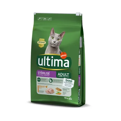 Ultima Sterilisé Adult karma dla kotów, 1-10 lat, z kurczakiem, bez dodatku cukru, opakowanie 10 kg. Zawiera zboża i warzywa.