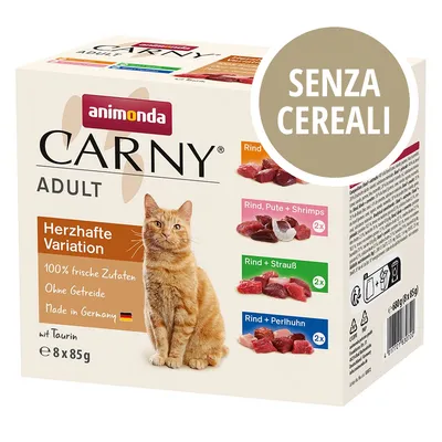 Confezione Animonda Carny Adult Herzhafte Variation per gatti, 8x85g, senza cereali, con varianti: manzo, manzo-tacchino-gamberetti, manzo-struzzo, manzo-faraona. Testo in tedesco.