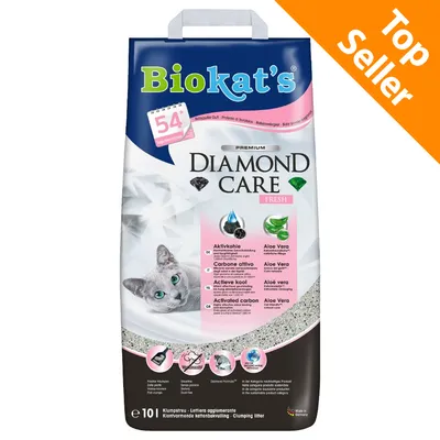 Biokat's Diamond Care Fresh lettiera agglomerante per gatti, carbone attivo, aloe vera, 10 l. Testo visibile: Top Seller, 54 giorni, Premium, Carbone attivo, Aloe Vera.