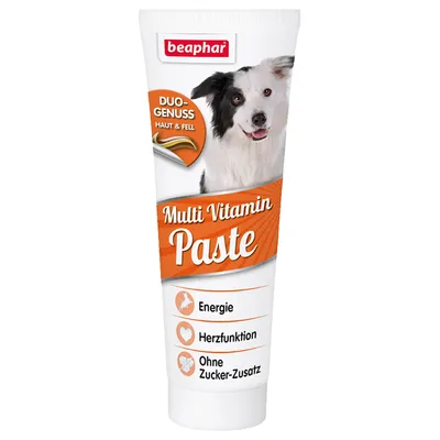 beaphar Multi Vitamin Paste, DUO-GENUSS HAUT & FELL, Energie, Herzfunktion, Ohne Zucker-Zusatz. Bild på hund på förpackningen.