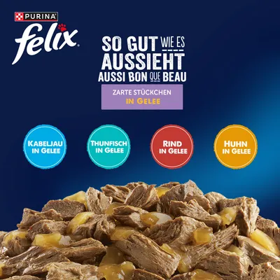 Jumbopack Felix "So gut wie es aussieht" Gelee 120 x 85 g - Gemischte Vielfalt (Rind, Huhn, Kabeljau und Thunfisch)