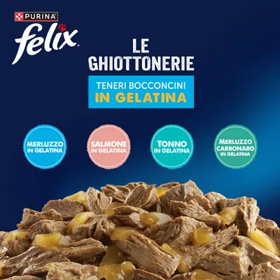Felix Le Ghiottonerie in Gelatina 80 x 85 g - Varietà di pesce (Tonno, Salmone, Merluzzo, Merluzzo carbonaro)