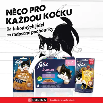 PURINA felix Junior, Tasty Nuggets a Party Mix krmivo pre mačky. Text: 'Niečo pre každú mačku. Od lahodných jedál až po radostné pochúťky.' PURINA felix Junior, Tasty Nuggets a Party Mix krmivo pre mačky. Text: 'Niečo pre každú mačku. Od lahodných jedál až po radostné pochúťky.'
