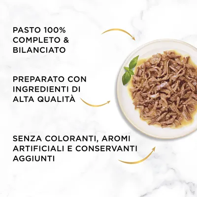 Pasto 100% completo e bilanciato, preparato con ingredienti di alta qualità, senza coloranti, aromi artificiali e conservanti aggiunti. Testo in italiano sull'immagine.