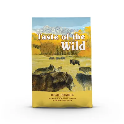 Taste of the Wild High Prairie, con bisonte e cervo arrosto, formula per cani senza cereali. Testo visibile: 'A grain-free diet'.