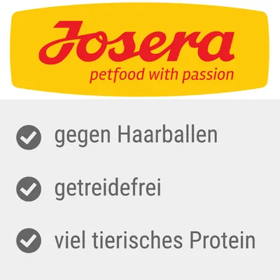 Josera petfood with passion. German text: gegen Haarballen, getreidefrei, viel tierisches Protein.