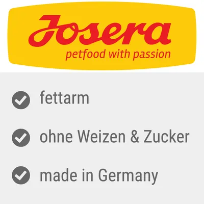 Josera petfood with passion. Z nizko vsebnostjo maščob, brez pšenice in sladkorja, izdelano v Nemčiji.