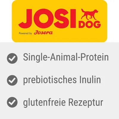 JOSIDOG Powered by Josera. Single-Animal-Protein, prebiotisches Inulin, glutenfreie Rezeptur (texte en allemand).