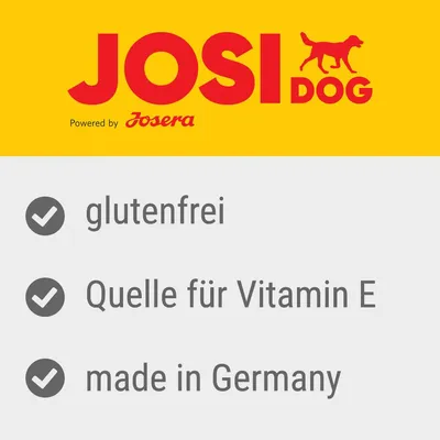 JosiDog powered by Josera. Glutenfrei, Quelle für Vitamin E, made in Germany.