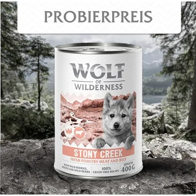 Wolf of Wilderness Stony Creek, Fresh Poultry Meat and Beef, Junior, 400g. Mit wilden Beeren, Wurzeln und Kräutern, 100% getreidefreie Rezeptur. Probierpreis.