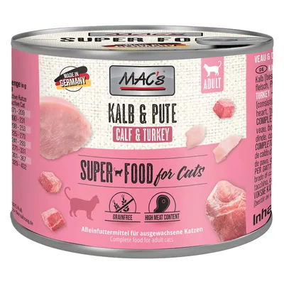 MAC's Veal & Turkey Superfood for cats, grain-free, high meat content. Complete food for adult cats. Made in Germany.