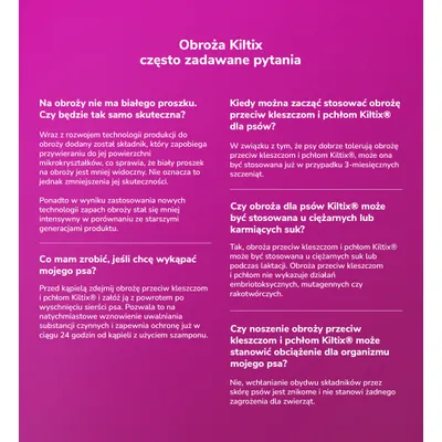 Obroża Kiltix – często zadawane pytania: skuteczność bez białego proszku, stosowanie u szczeniąt, ciężarnych i karmiących suk, kąpiel psa, bezpieczeństwo dla organizmu psa.