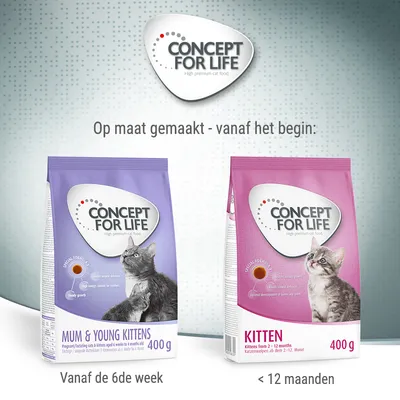 Twee zakken Concept for Life kattenvoer: Mum & Young Kittens 400 g, vanaf de 6de week; Kitten 400 g, voor kittens jonger dan 12 maanden. Op maat gemaakt – vanaf het begin.