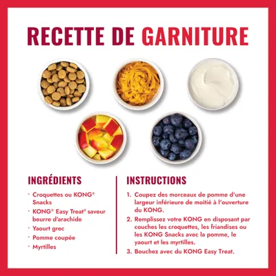 Recette pour garnir un KONG : liste des ingrédients avec croquettes, KONG Easy Treat beurre de cacahuète, yaourt grec, morceaux de pomme et myrtilles, ainsi que des instructions de préparation. Recette pour garnir un KONG : liste des ingrédients avec croquettes, KONG Easy Treat beurre de cacahuète, yaourt grec, morceaux de pomme et myrtilles, ainsi que des instructions de préparation.