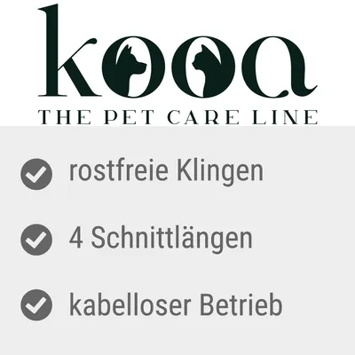 kooa The Pet Care Line. Eigenschaften: rostfreie Klingen, 4 Schnittlängen, kabelloser Betrieb.