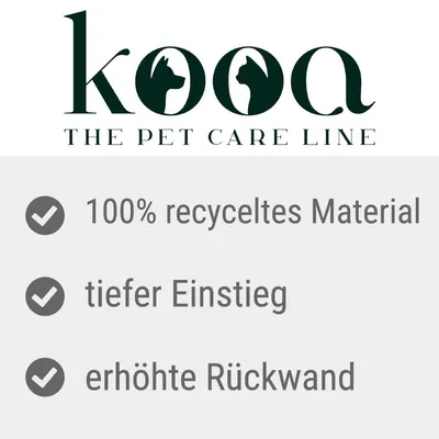 kooa. The Pet Care Line. 100 % kierrätetty materiaali, matala sisäänkäynti, korotettu takaseinä.