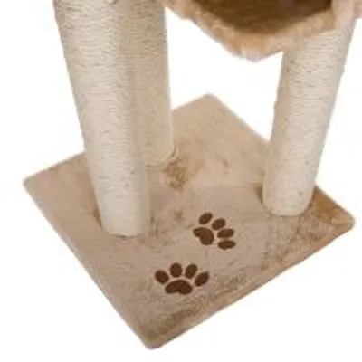 Podstawa drapaka dla kota z beżowego materiału, dwa słupki owinięte sizalem, na podstawie widoczne dwa brązowe ślady łapek.