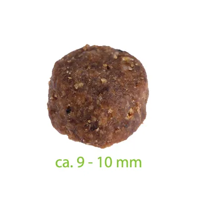 Lähikuva ruskeasta ruokapalasta, koko noin 9–10 mm.
