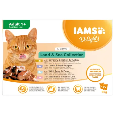 IAMS Delights Land & Sea Collection, Adult 1+, 12x85g. Varianter: Savoury Chicken & Turkey, Lamb & Red Pepper, Wild Tuna & Peas, Steamed Salmon & Cod. Complete nutrition, irresistible taste.