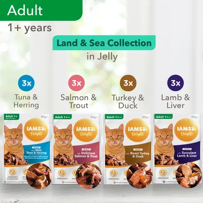 IAMS Delights Land & Sea Collection in Jelly for adult cats 1+ years. 3x Tuna & Herring, 3x Salmon & Trout, 3x Turkey & Duck, 3x Lamb & Liver. Each pouch 85g.
