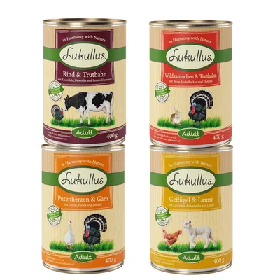 Quatre boîtes de nourriture pour chien Lukullus Adult 400 g : Rind & Truthahn, Wildkaninchen & Truthahn, Putenherzen & Gans, Geflügel & Lamm. Textes en allemand visibles sur les étiquettes.