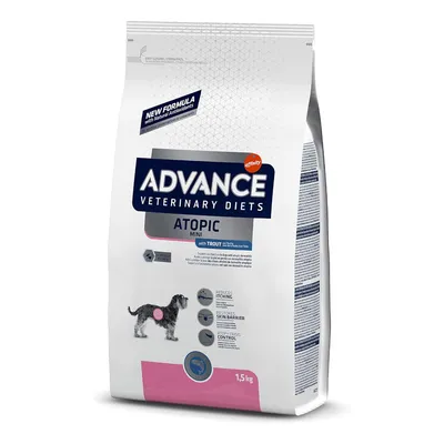 Advance Veterinary Diets Atopic Mini with Trout, saco de 1,5 kg. Texto visible: reduces itching, restores skin barrier, atopy crisis control. Imagen de perro pequeño en el envase.