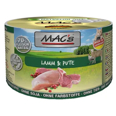 Консерва MAC's Lamm & Pute, 70 % Fleischanteil, Getreidefrei, Made in Germany. Без сои, красителей, продуктов животного и костного происхождения. Видны куски мяса.