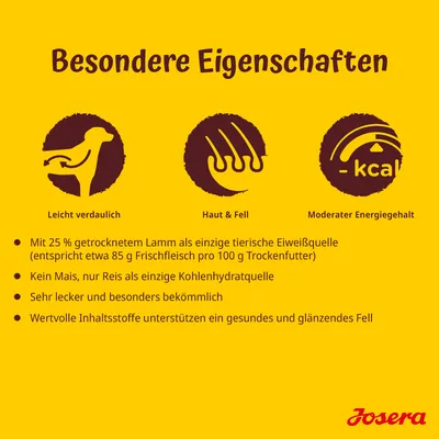 Besondere Eigenschaften: leicht verdaulich, Haut & Fell, moderater Energiegehalt. Mit 25% Lamm, kein Mais, nur Reis. Unterstützt gesundes Fell und ist besonders bekömmlich.