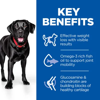 Key benefits: effective weight loss with visible results, omega-3 rich fish oil for joint mobility, glucosamine and chondroitin support healthy cartilage. Dog shown beside benefits list.