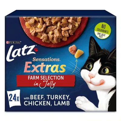 Latz Sensations Extras Farm Selection in Jelly, 24 annospakkausta naudan-, kalkkunan-, kanan- ja lampaanlihalla. Ei väriaineita. PURINA.