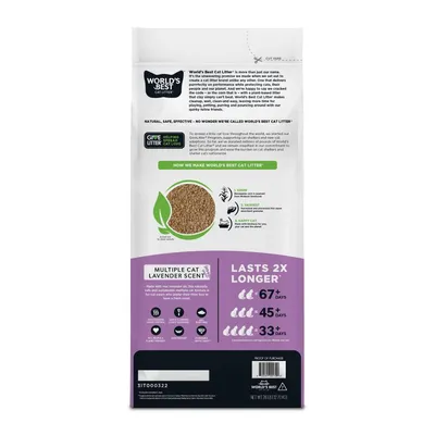 Cat litter packaging showing lavender scent, claims to last up to 67 days for one cat, 45 days for two cats, or 33 days for three or more cats. Features natural ingredients.