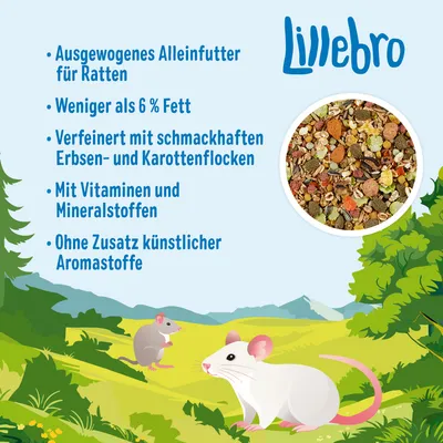 Lillebro Alleinfutter für Ratten: weniger als 6% Fett, verfeinert mit Erbsen- und Karottenflocken, mit Vitaminen und Mineralstoffen, ohne künstliche Aromastoffe.
