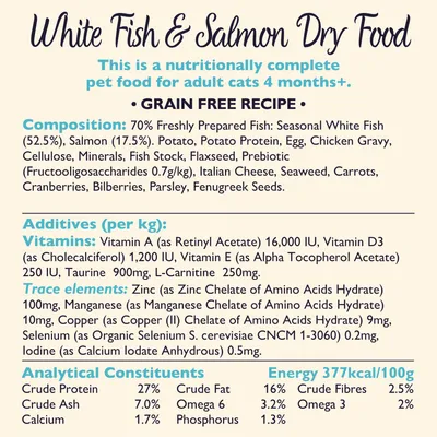 White Fish & Salmon Dry Food for adult cats 4 months+, grain free. Composition: 70% fish, potato, egg, chicken gravy, veg. Protein 27%, fat 16%, fibre 2.5%, energy 377 kcal/100g.